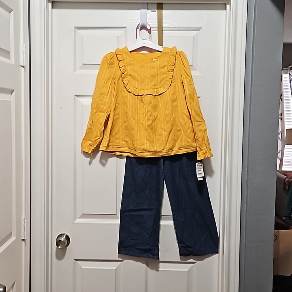 NWT: Girls M 7/8 long-sleeve marigold top and elastic wide leg jean pants outfit